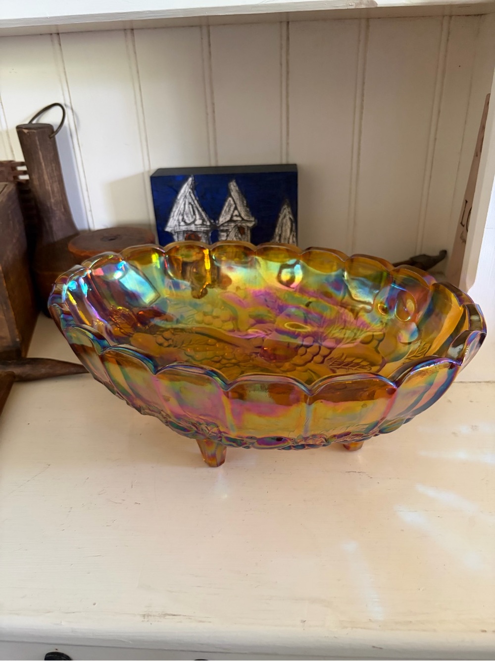 Iridescent Amber Carnival Glass Footed Bowl - Home Art